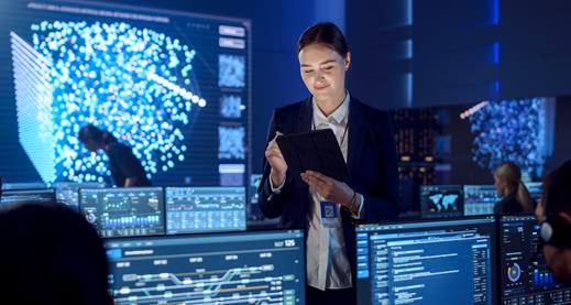 Cybersecurity Risk Management with Co-op Woman and team in cyber room