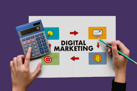 Woman using calculator and making digital marketing