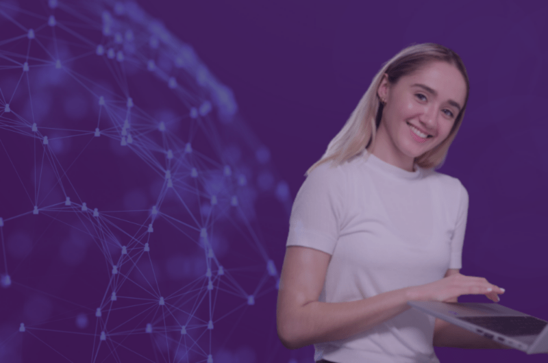 Woman typing, smiling for photo and background blockchain theme