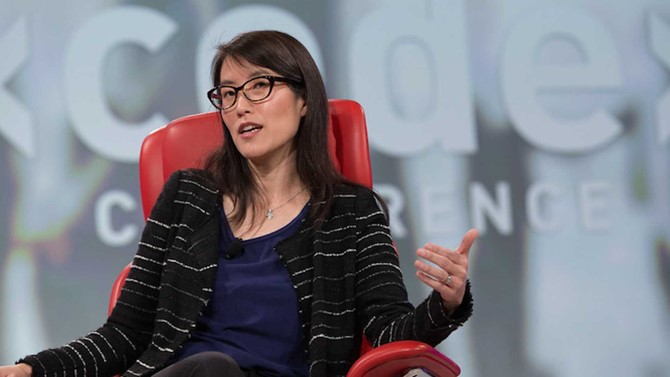 Ellen Pao - sitting on the chair, posing for photo