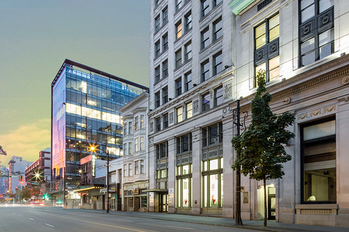 Campus building exterior on city street